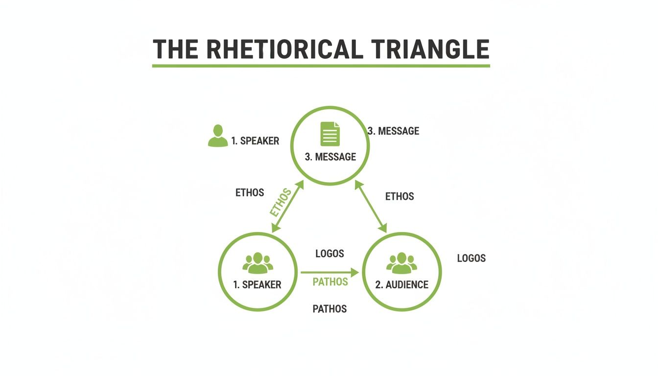 The Rhetorical Triangle diagram illustrating the relationship between speaker, message, and audience using ethos, logos, and pathos.