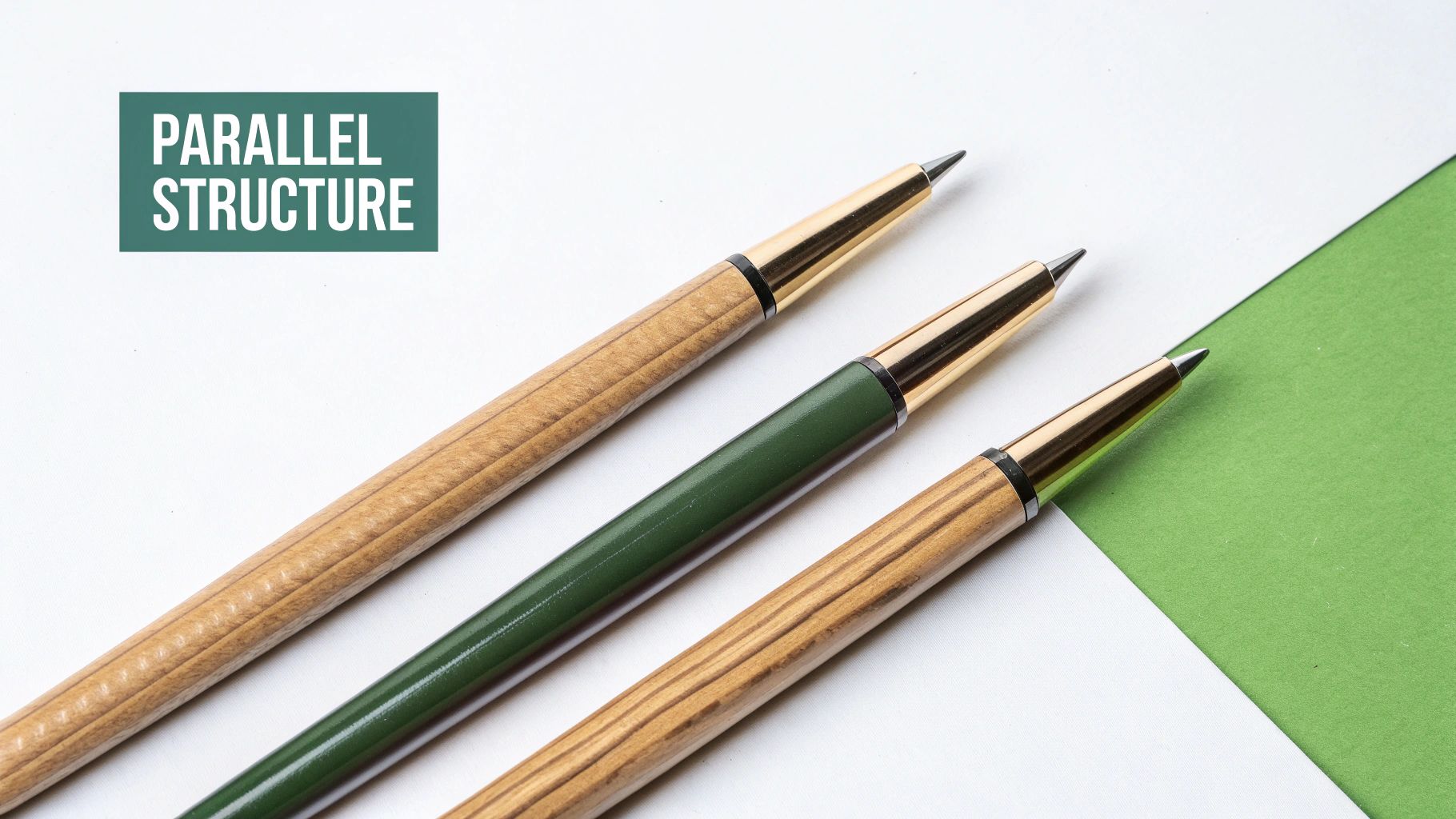 Three parallel pens, two wood and one green, on a white and green background, illustrating parallel structure.