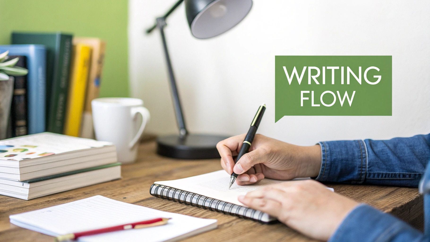 A person writes in a notebook on a wooden desk with books and a lamp, featuring "WRITING FLOW" text.