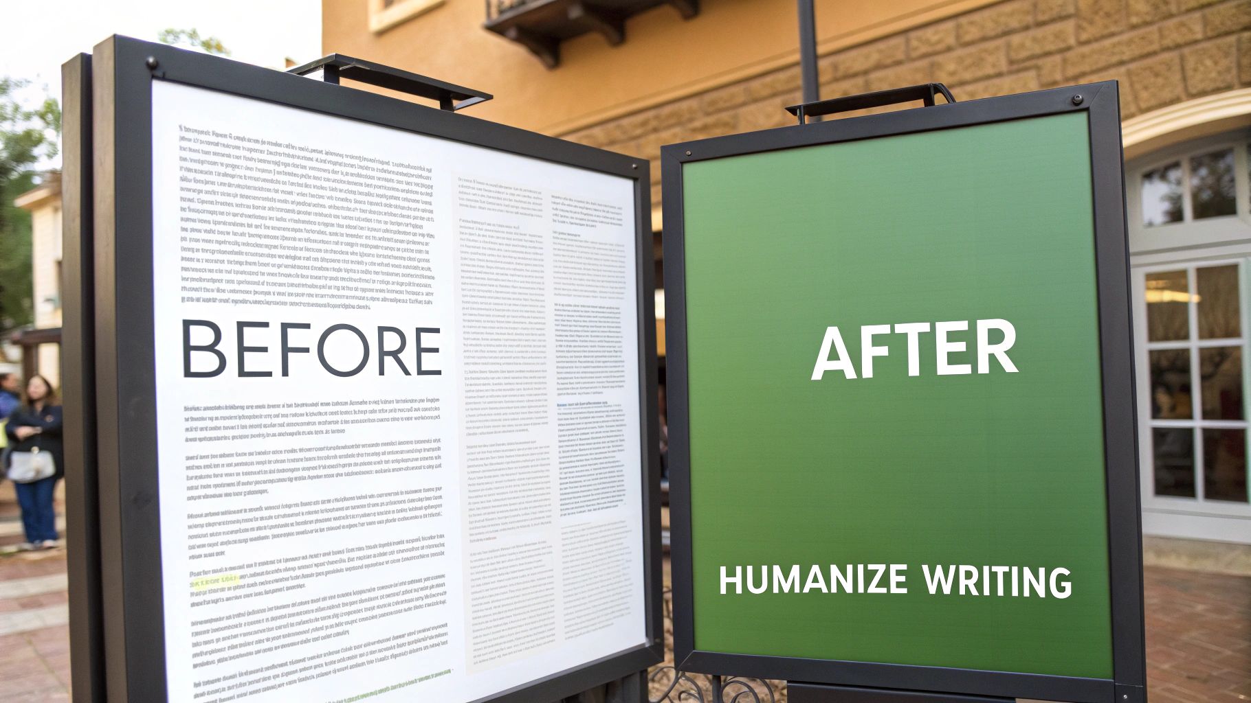 Two signs outdoors, one white with 'BEFORE' and dense text, the other green with 'AFTER' and 'HUMANIZE WRITING'.
