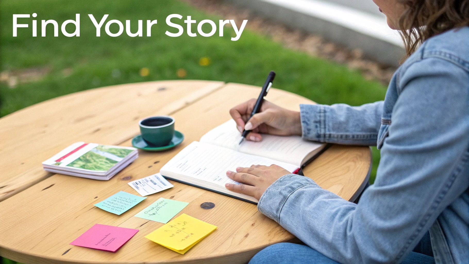 A person brainstorming ideas for their personal statement in a journal, surrounded by books and a cup of coffee.