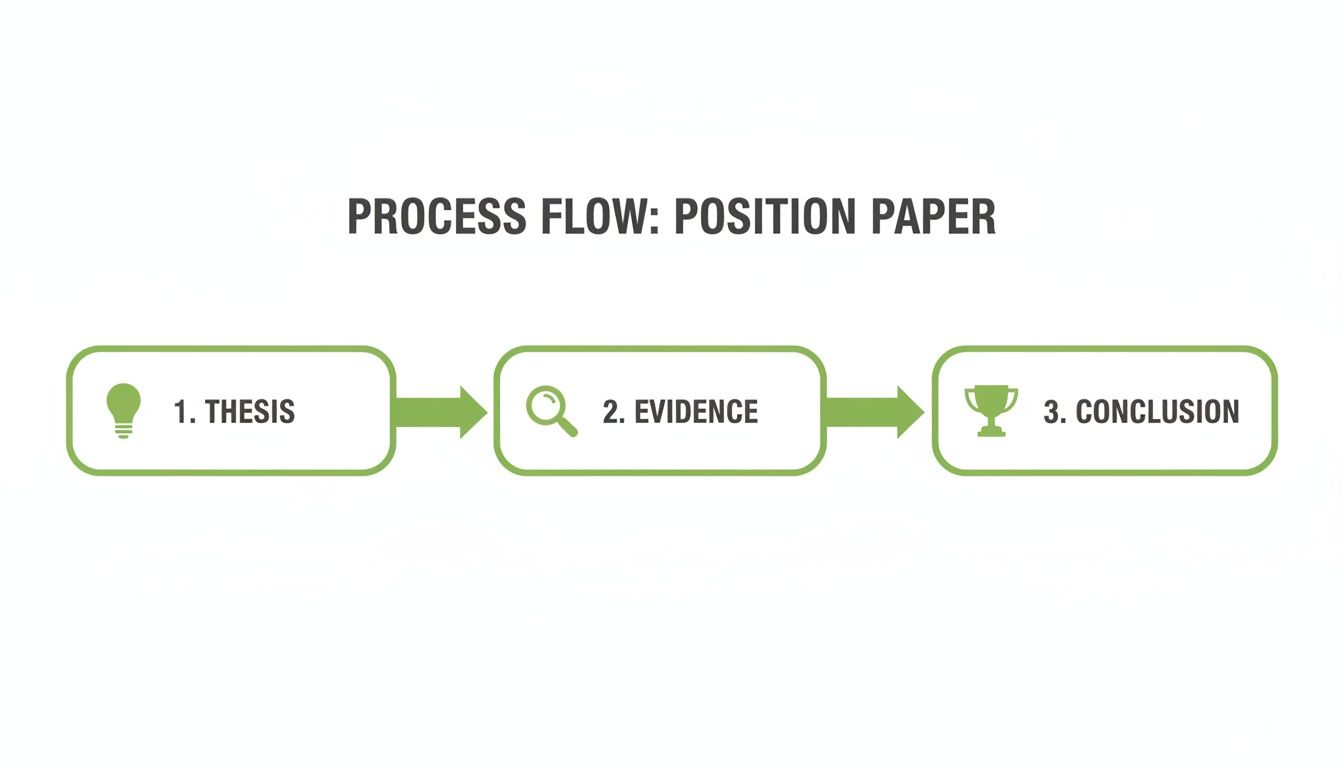 Process flow diagram showing the three steps for writing a position paper: thesis, evidence, and conclusion.