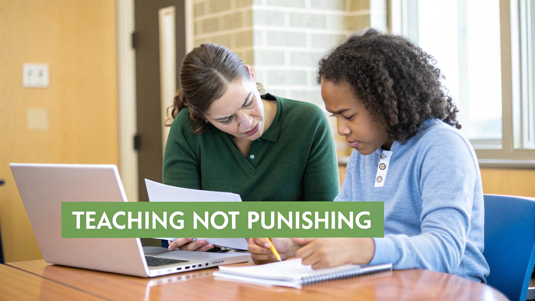 A teacher and student lean over a table, working together with a laptop and papers, focused on learning.