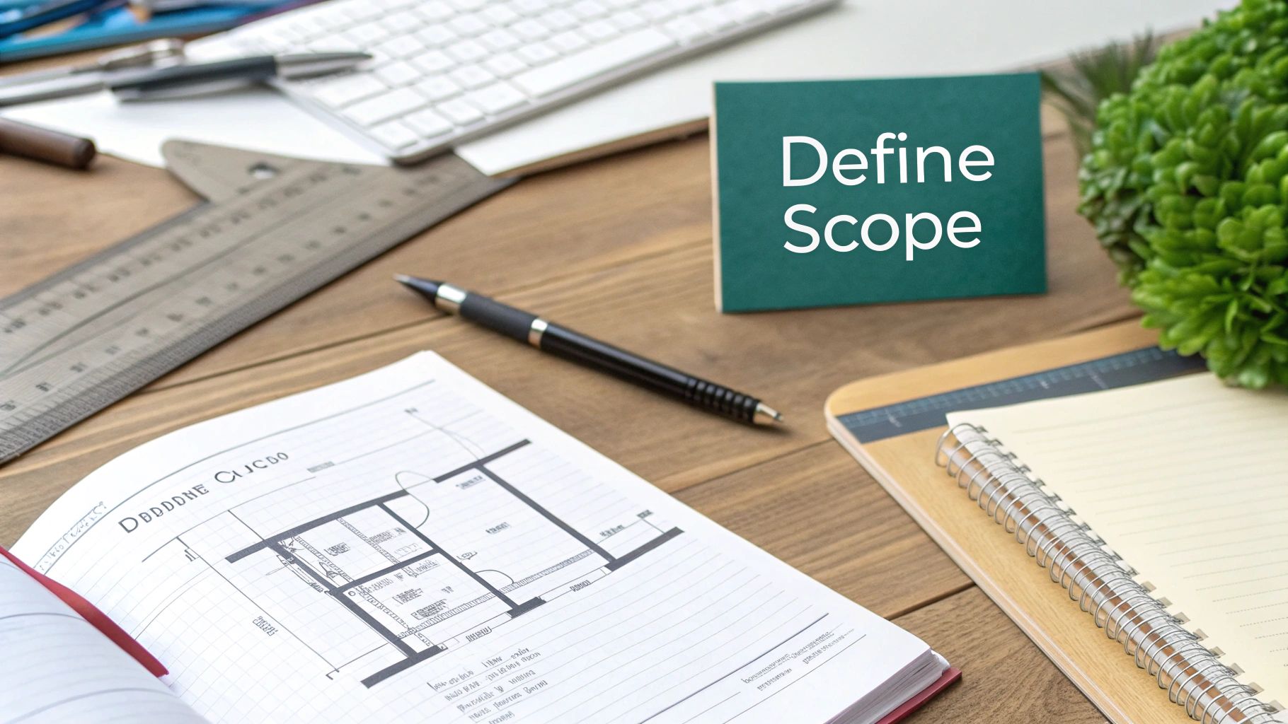 A desk with a 'Define Scope' sign, a blueprint in a notebook, design tools, and a keyboard.