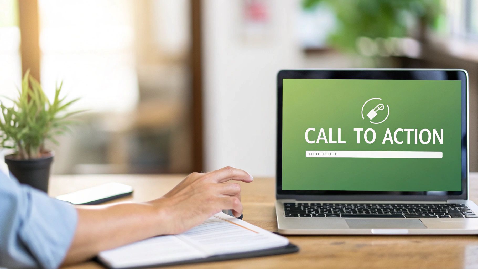 Person working on laptop displaying call to action button with loading bar on green screen