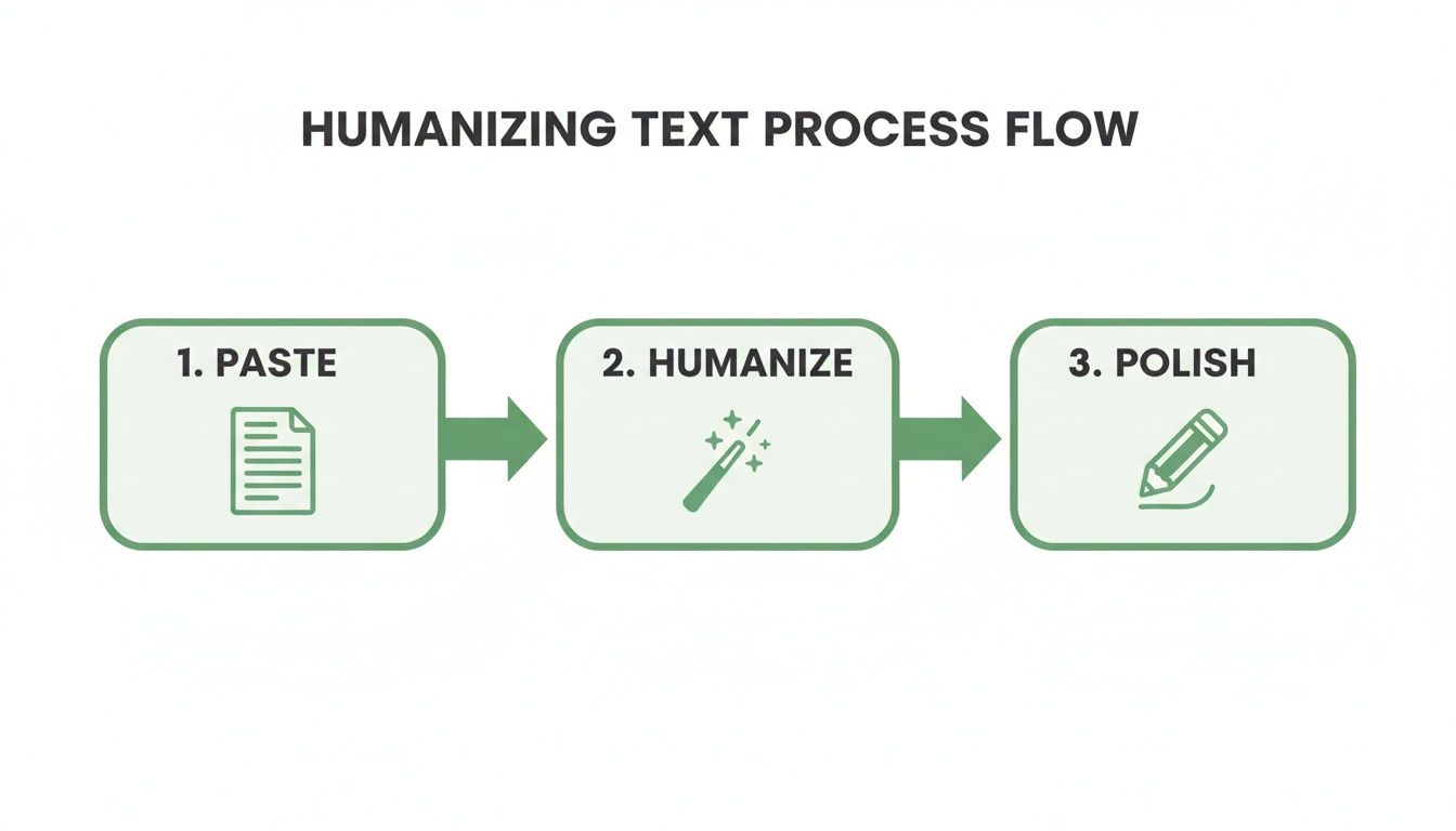 A three-step process flow for humanizing text: paste, humanize with a magic wand, and polish with a pencil.