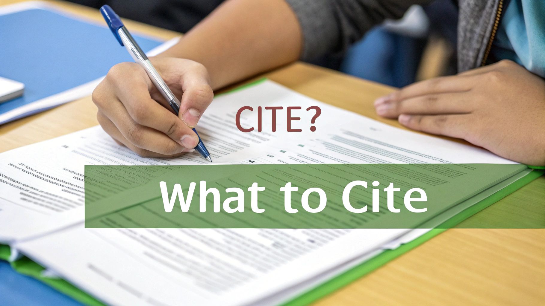 A person's hands writing on a document with a blue pen, featuring text overlays 'CITE?' and 'What to Cite'.