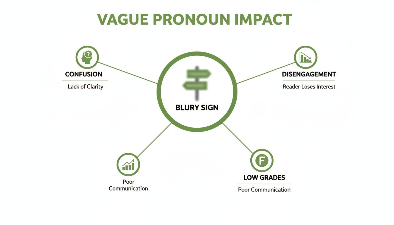 Diagram illustrating the negative impact of vague pronouns, leading to confusion, disengagement, poor communication, and low grades.