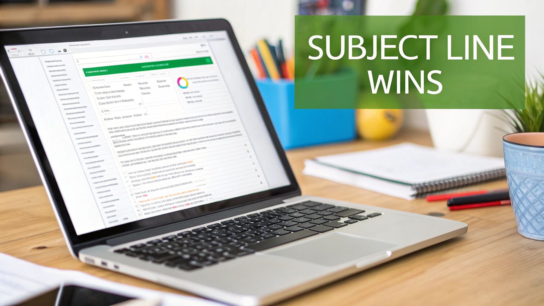 A laptop on a wooden desk displays an email optimization tool with 'SUBJECT LINE WINS' text.