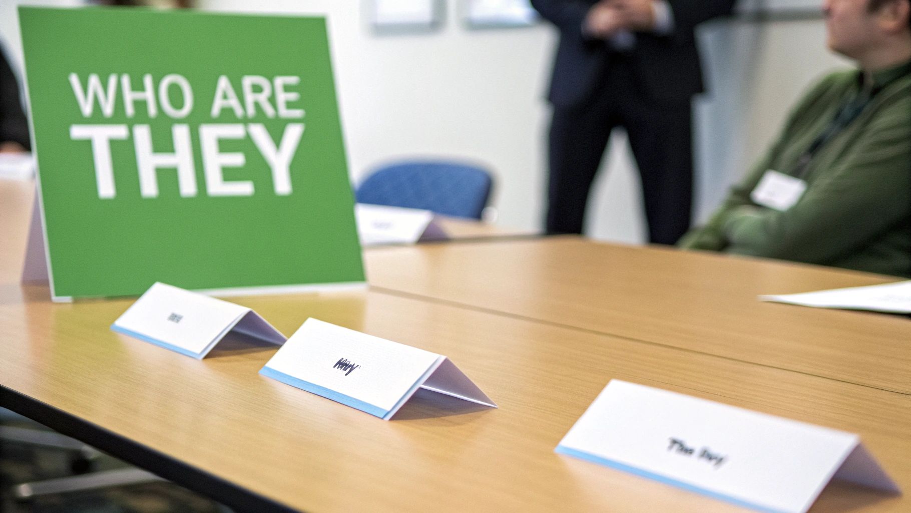 A green sign with 'WHO ARE THEY' sits prominently on a wooden meeting table with name cards.