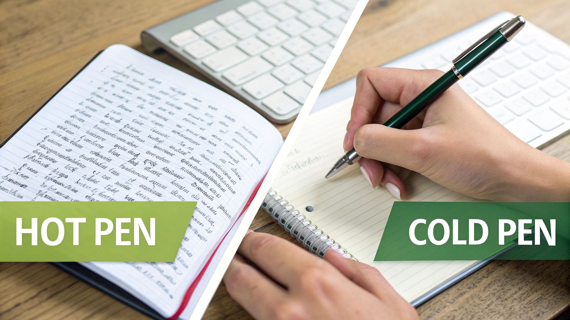 An illustration showing a 'hot' pen for fast, creative writing and a 'cold' pen for slow, analytical editing