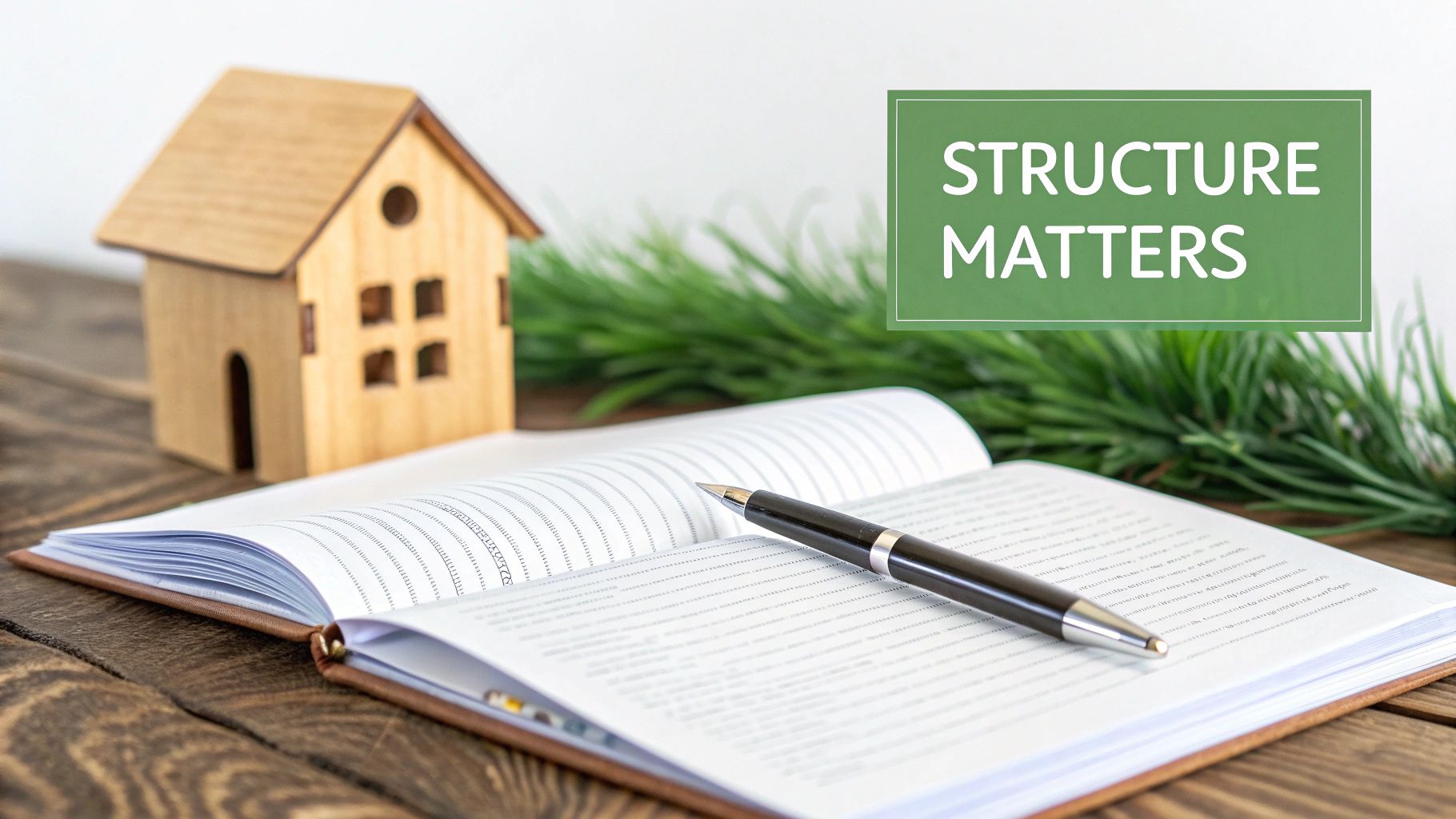 Wooden house model with open notebook and pen on desk illustrating structure matters concept