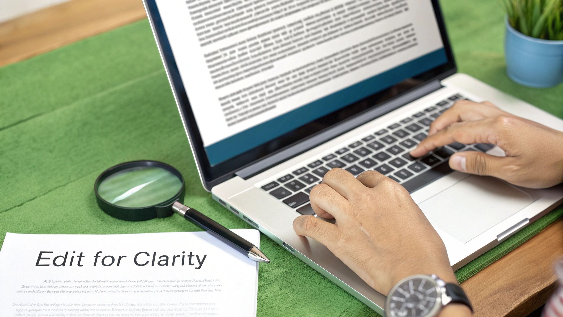 A person types on a laptop, editing a document titled 'Edit for Clarity' with a magnifying glass.