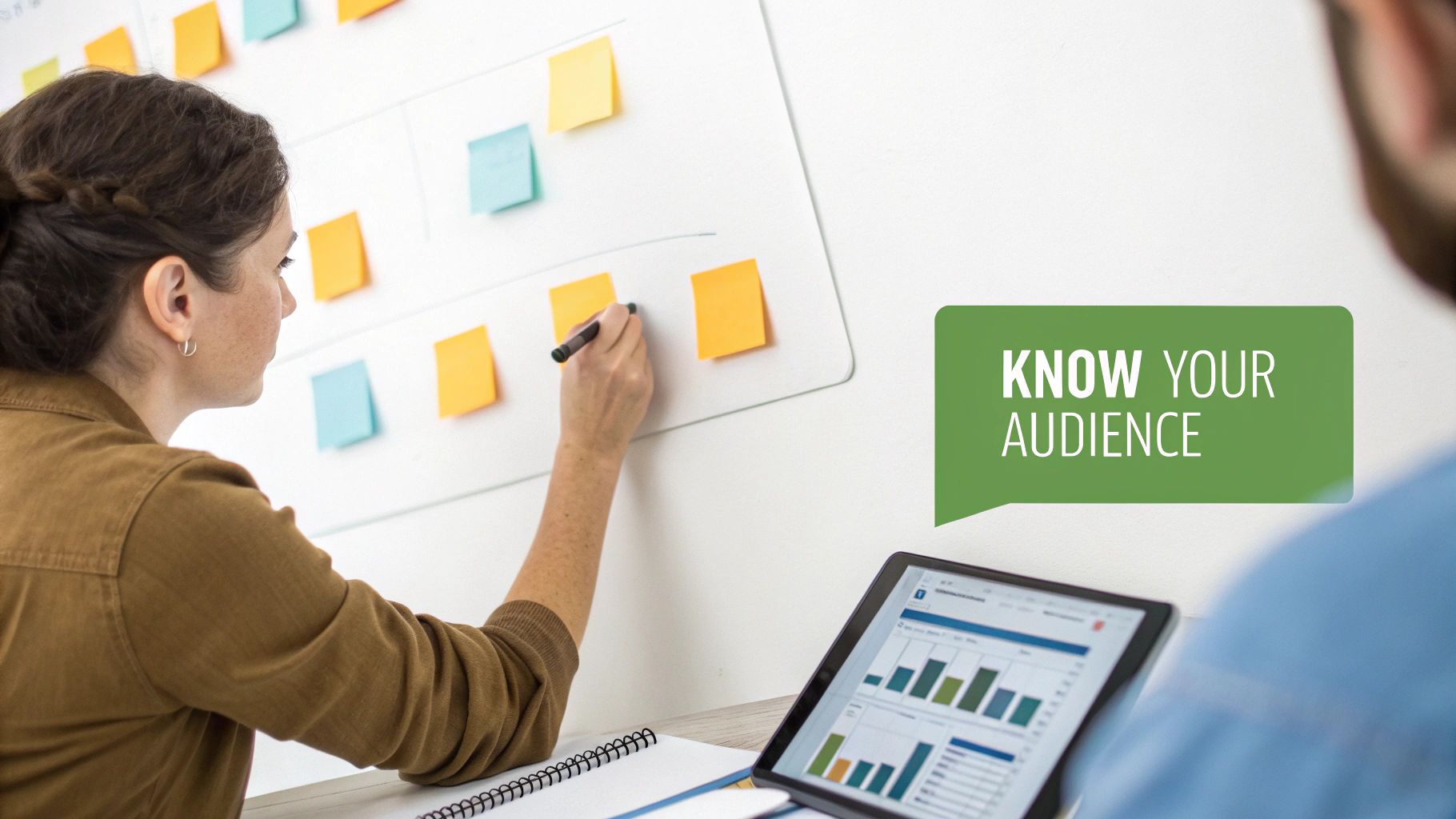 A woman writes on a whiteboard with sticky notes, with a tablet showing data and a 'Know Your Audience' speech bubble.