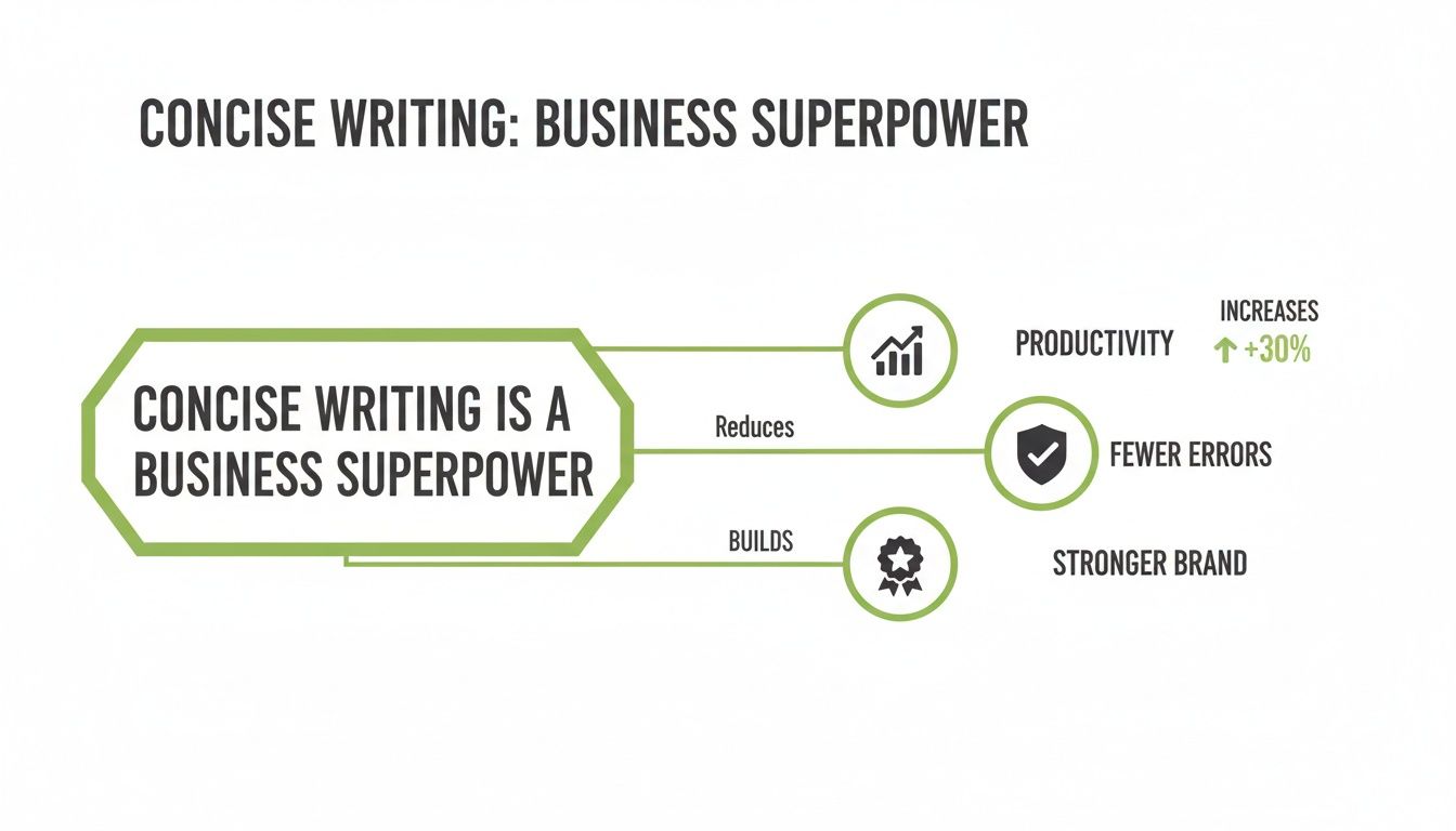 Infographic showing concise writing as a business superpower, detailing benefits like increased productivity and fewer errors.