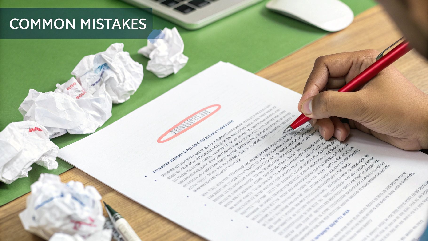Person reviewing a document with a red pen, highlighting text, surrounded by crumpled papers.