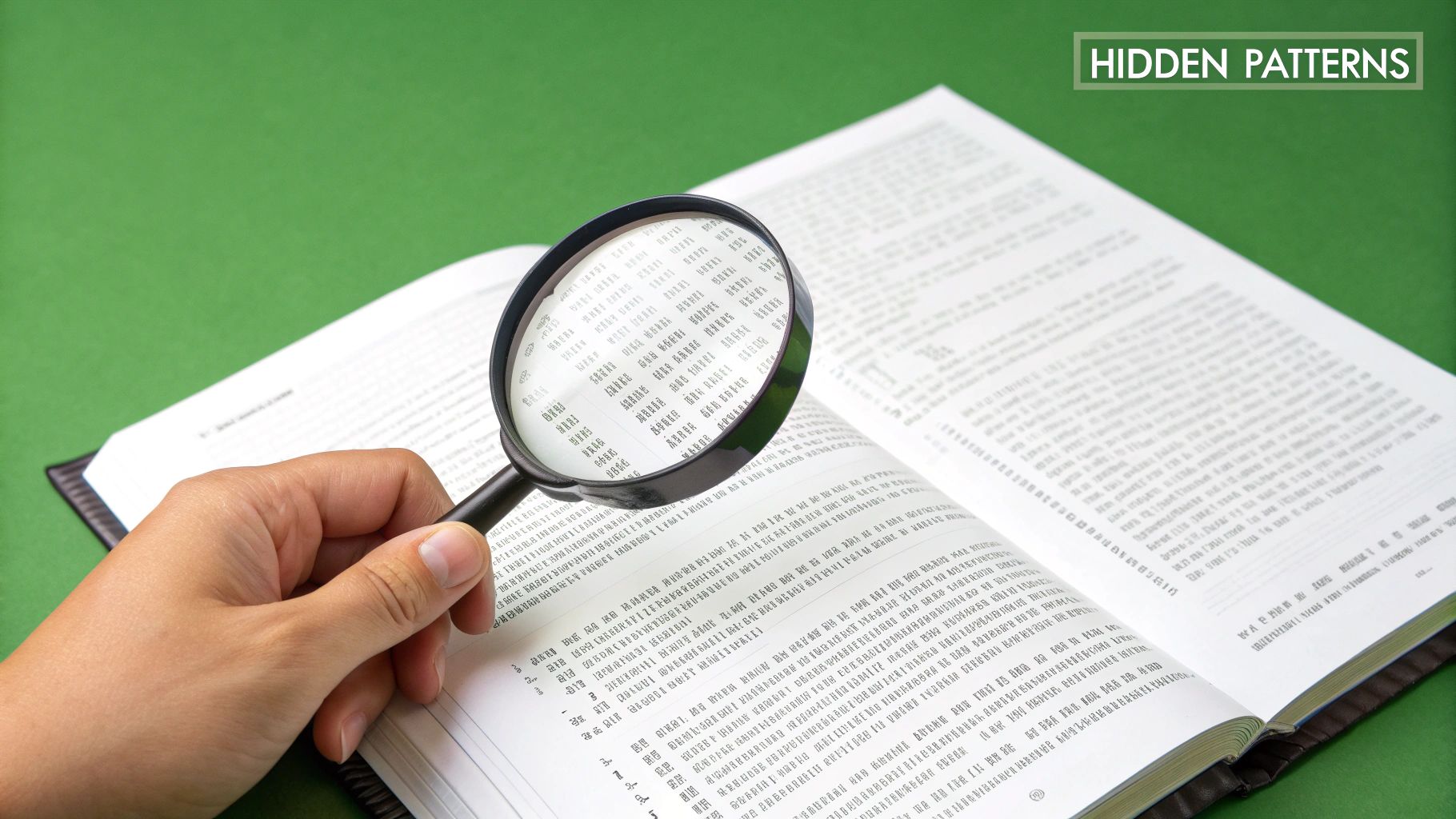 A hand uses a magnifying glass to examine text in an open book, revealing hidden patterns.