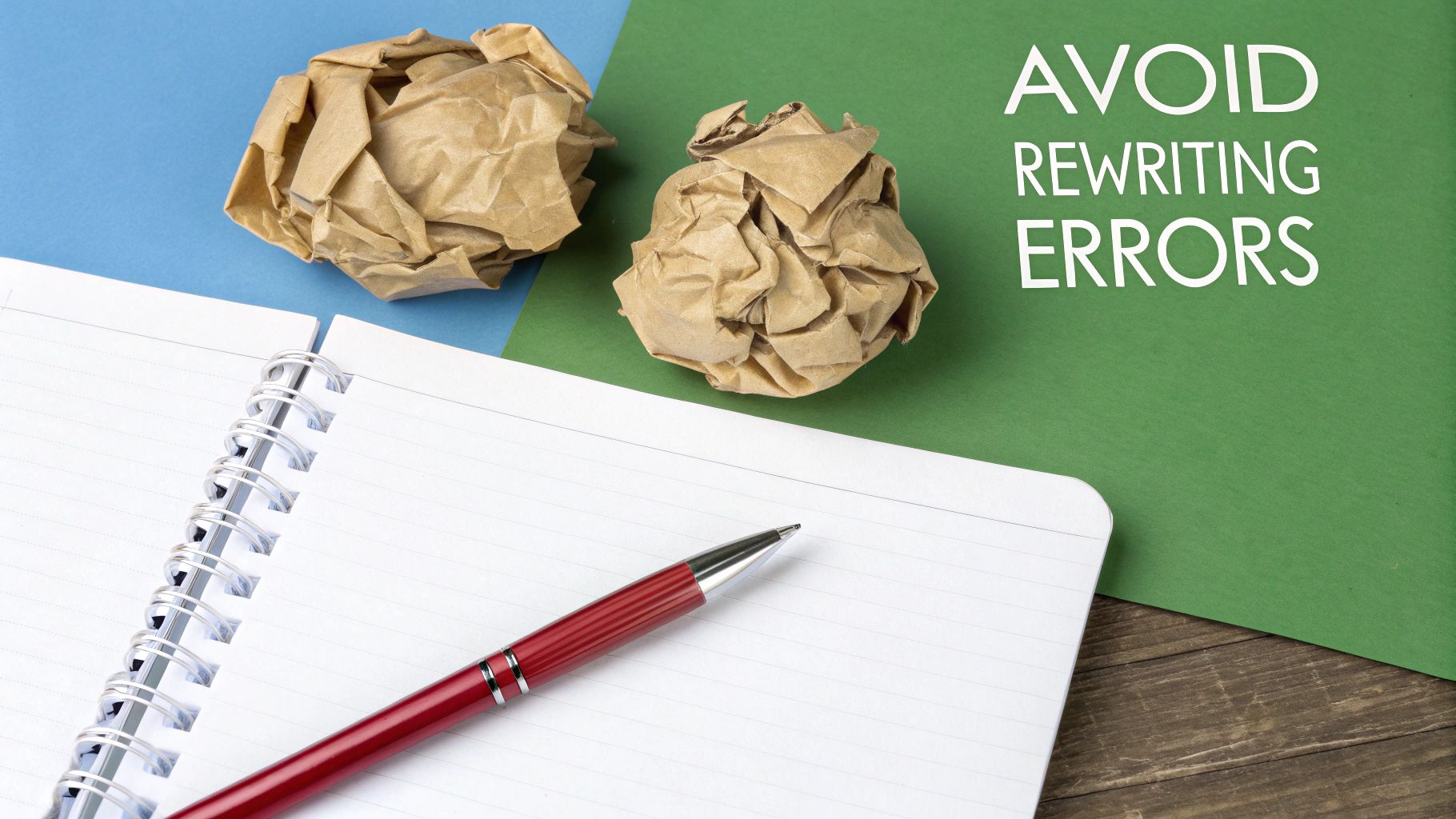 A red pen rests on a spiral-bound notebook, next to crumpled paper and text 'AVOID REWRITING ERRORS'.