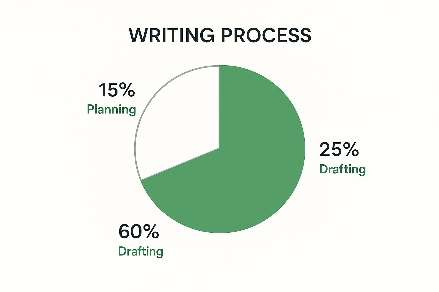 Infographic showing the breakdown of writing process time allocation as a pie chart: Planning (15%), Drafting (60%), Editing (25%).