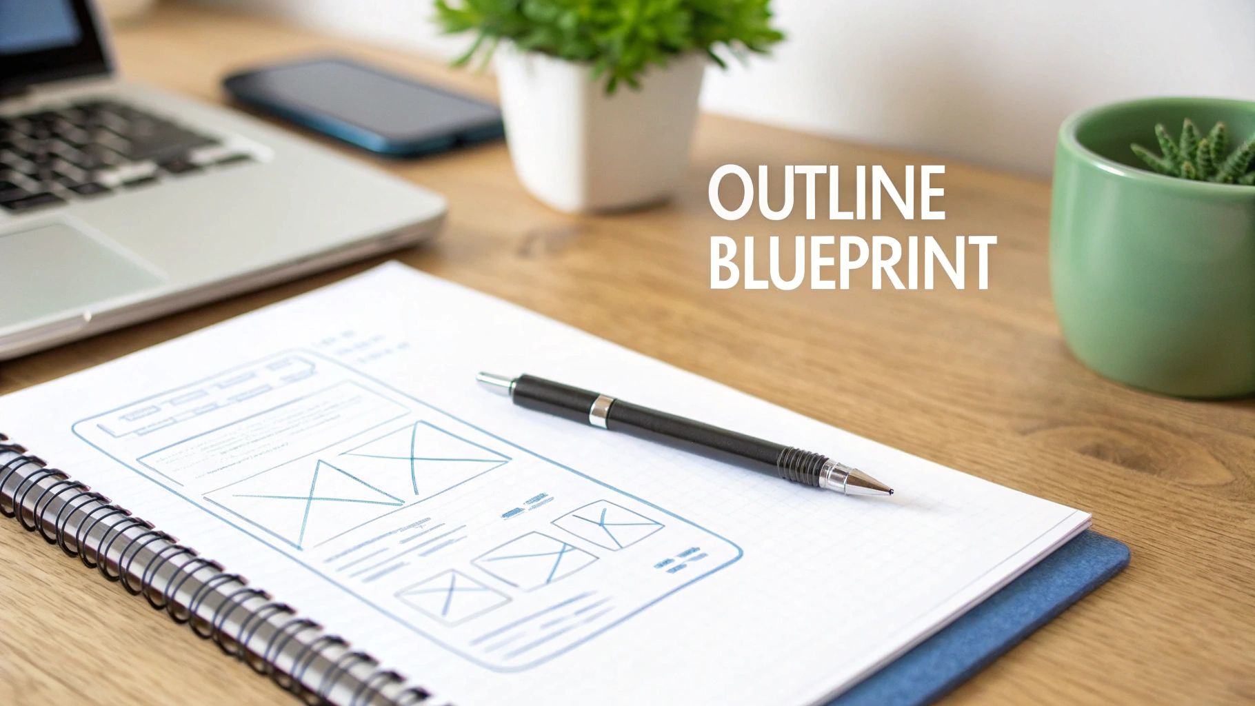 A desk setup with a laptop, plants, and a notebook showing a mobile app wireframe blueprint.