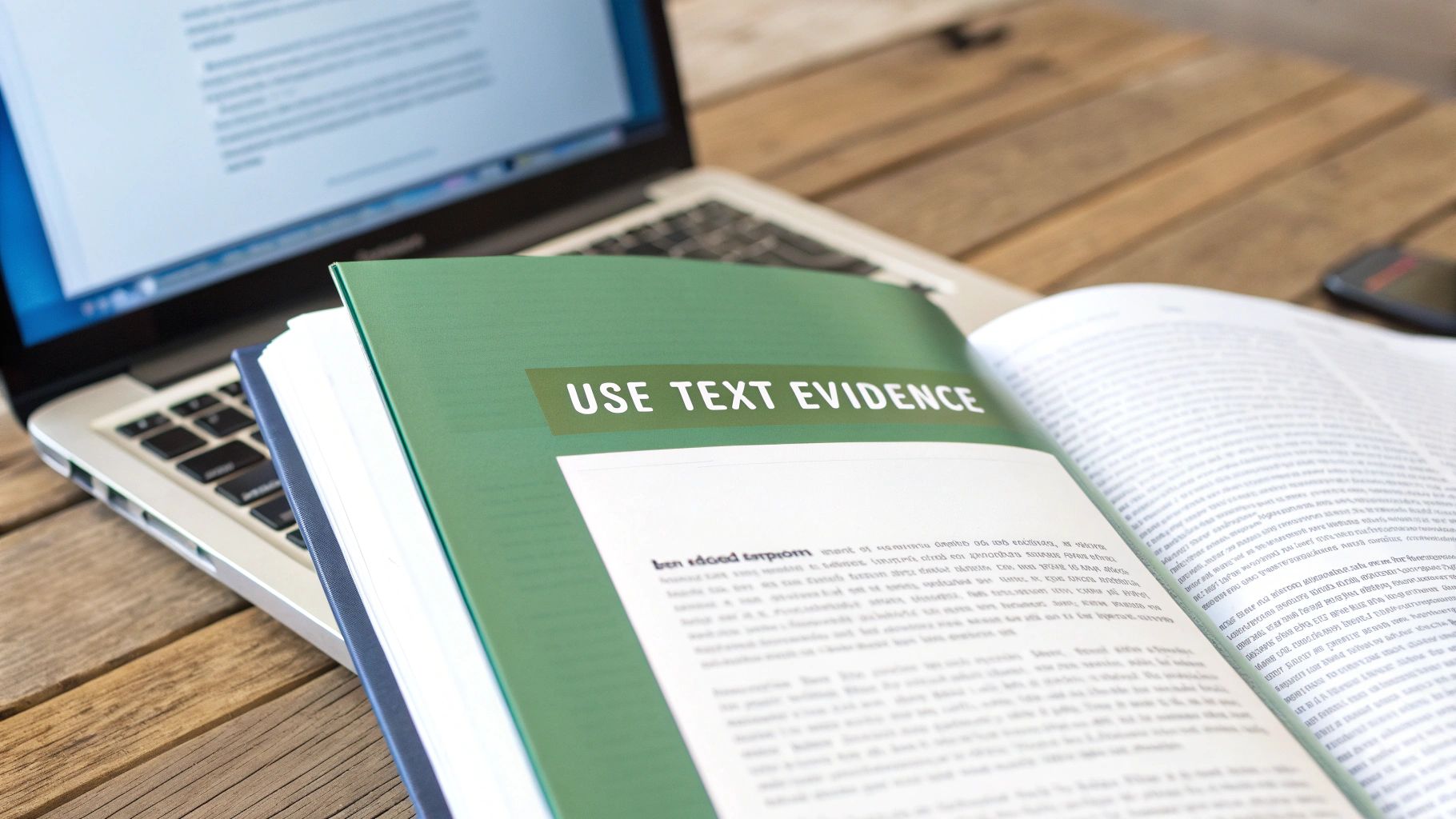 An open book displaying "USE TEXT EVIDENCE" on a wooden table with a laptop and smartphone.