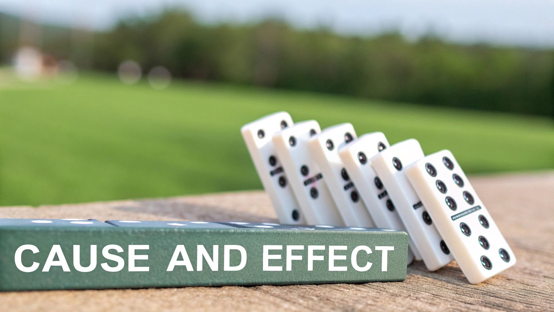 A line of falling dominoes illustrates the concept of cause and effect, with 'CAUSE AND EFFECT' written on the first green domino.