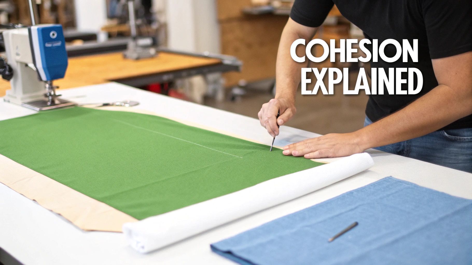 Person using seam ripper on green fabric demonstrating cohesion explained in sewing workshop