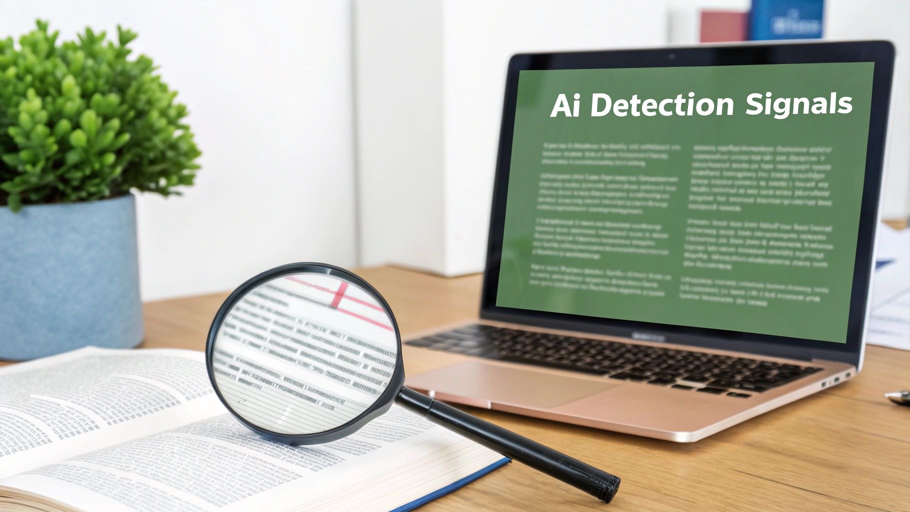 A magnifying glass on an open book, with a laptop displaying 'Ai Detection Signals' on a wooden desk.