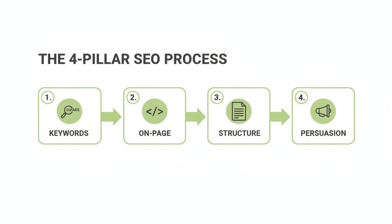 A diagram illustrating the 4-pillar SEO process: Keywords, On-Page, Structure, and Persuasion.