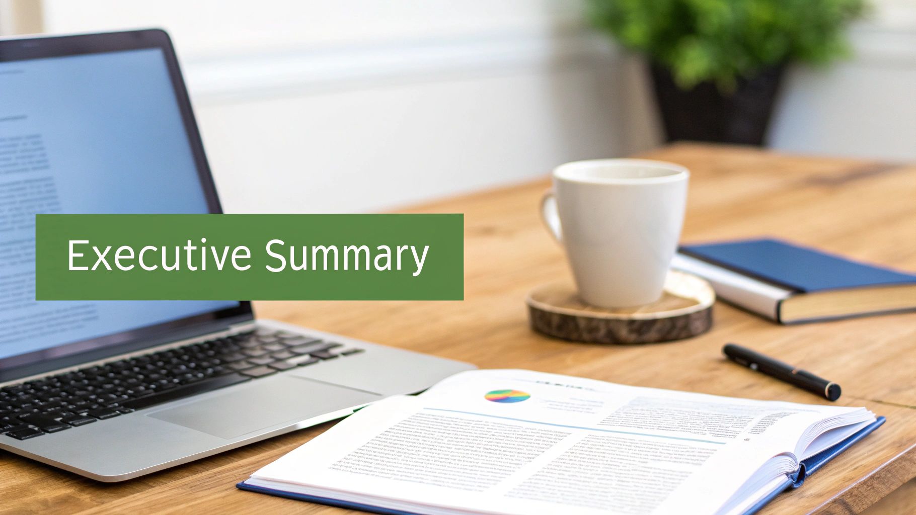 A professional work desk with a laptop, open book, coffee cup, and pen, featuring an 'Executive Summary' title.