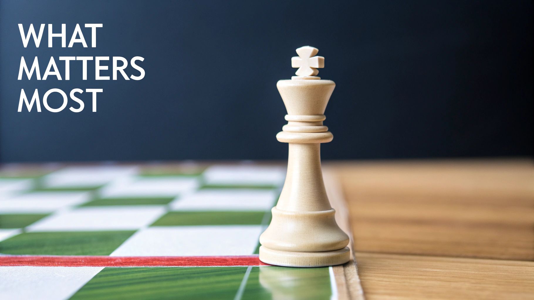 A white chess king stands prominently on a green and white chessboard with the text "WHAT MATTERS MOST."