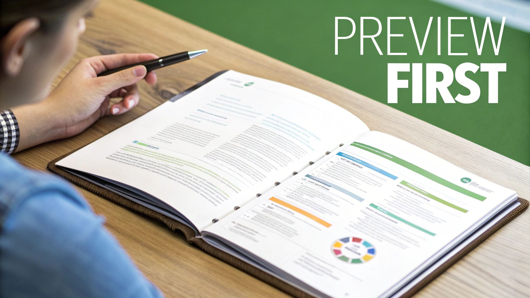 Close-up of a person reading an open business report with a pen, on a wooden table.
