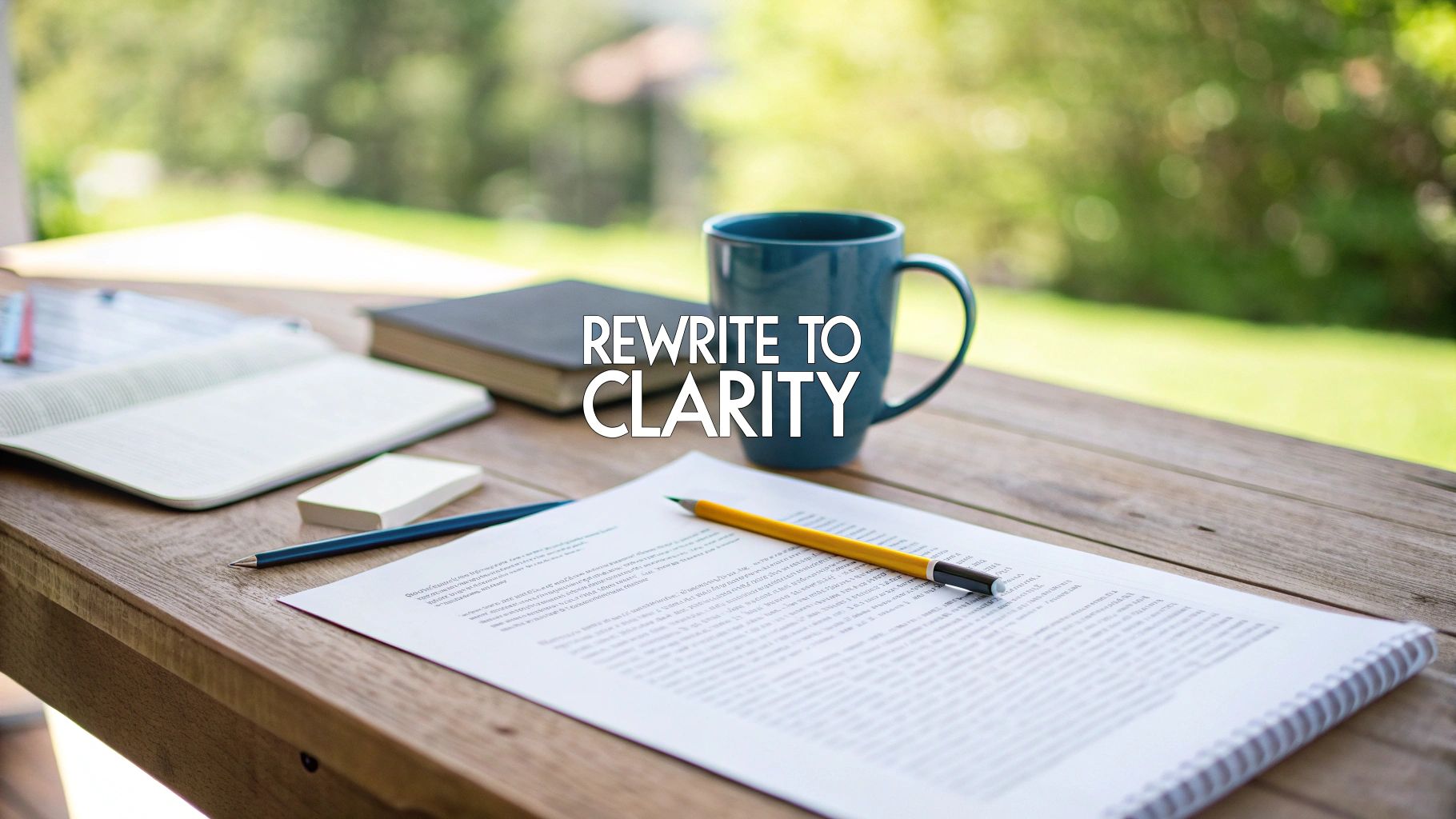 A desk setup with notebooks, a pen, pencil, mug, document, and 'REWRITE TO CLARITY' text.