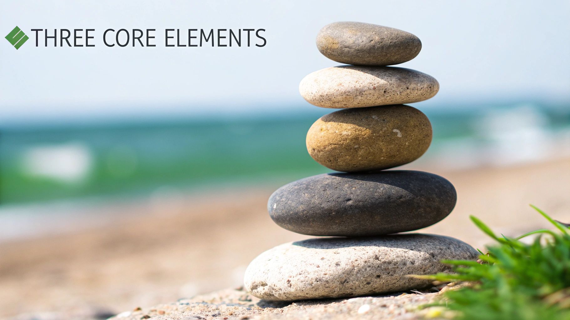 A stack of five balanced stones on a beach with the ocean in the background, featuring 'THREE CORE ELEMENTS' text.