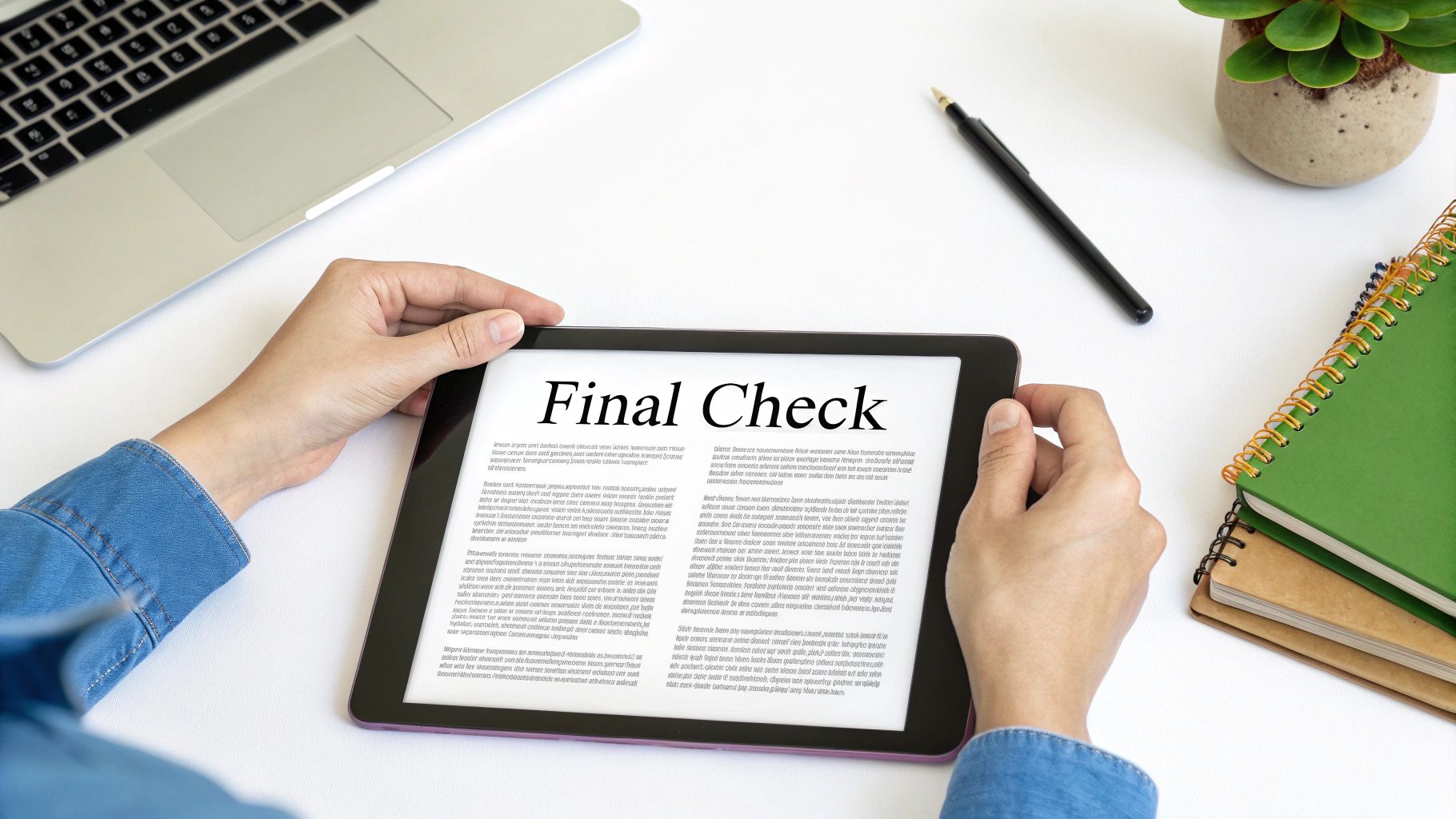 Hands holding a tablet displaying "Final Check" on a white desk with a laptop and office supplies.