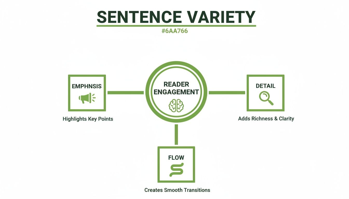Diagram illustrating how sentence variety enhances reader engagement via emphasis, detail, and smooth flow.