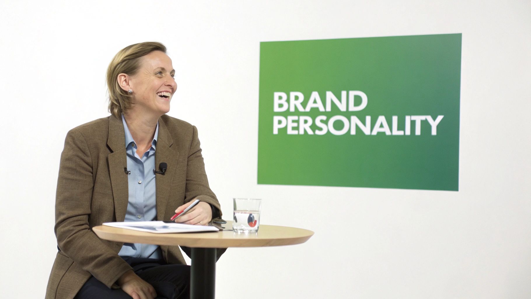 Smiling woman in a blazer at a table with a 'Brand Personality' sign, giving a presentation.