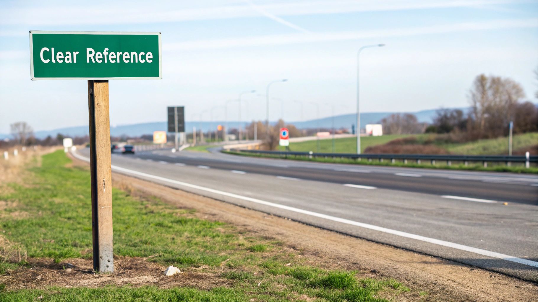 A green road sign reading 'Clear Reference' stands next to a winding highway, symbolizing clarity.