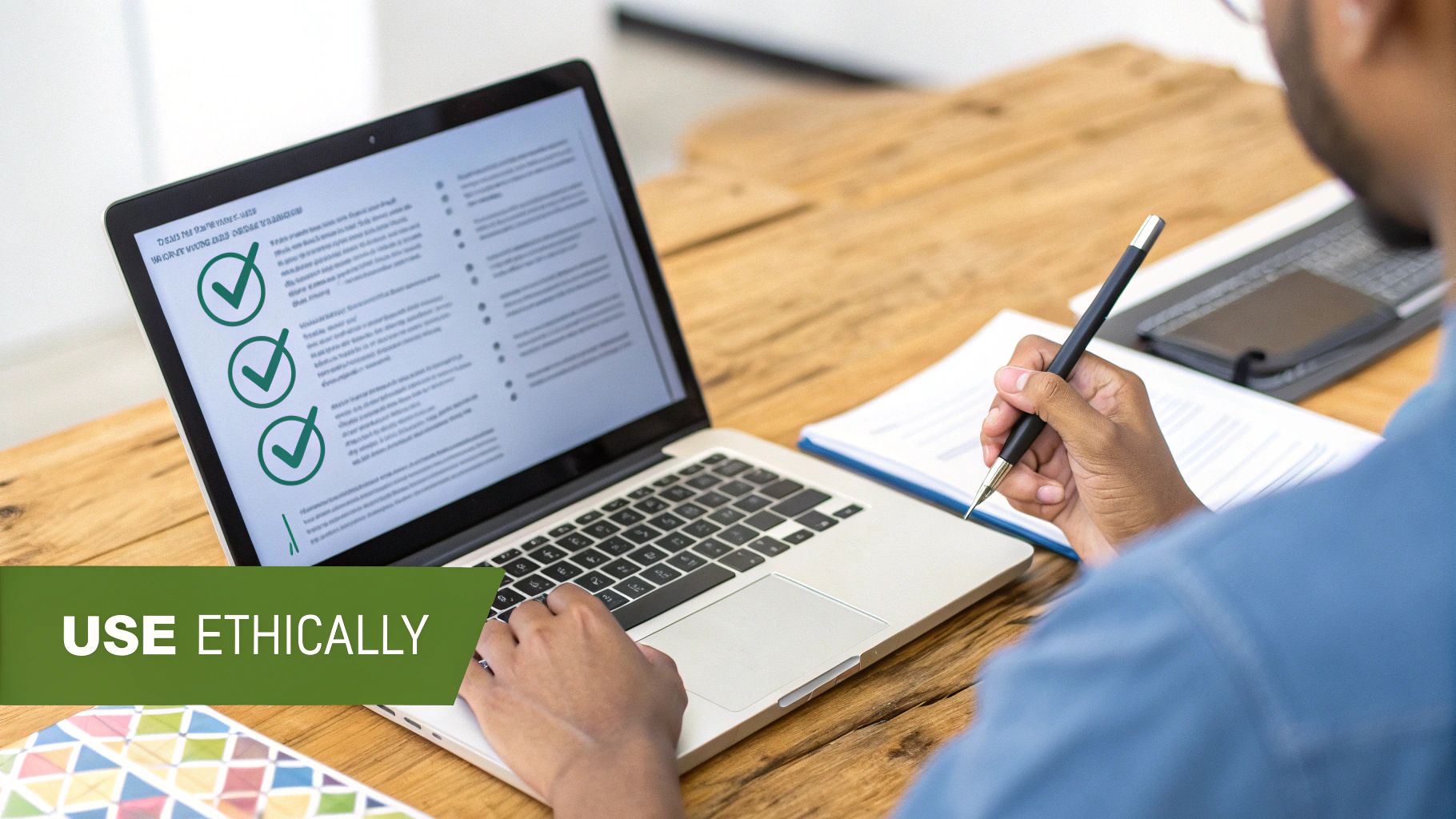 A person works on a laptop showing a checklist, while writing on paper with a pen.