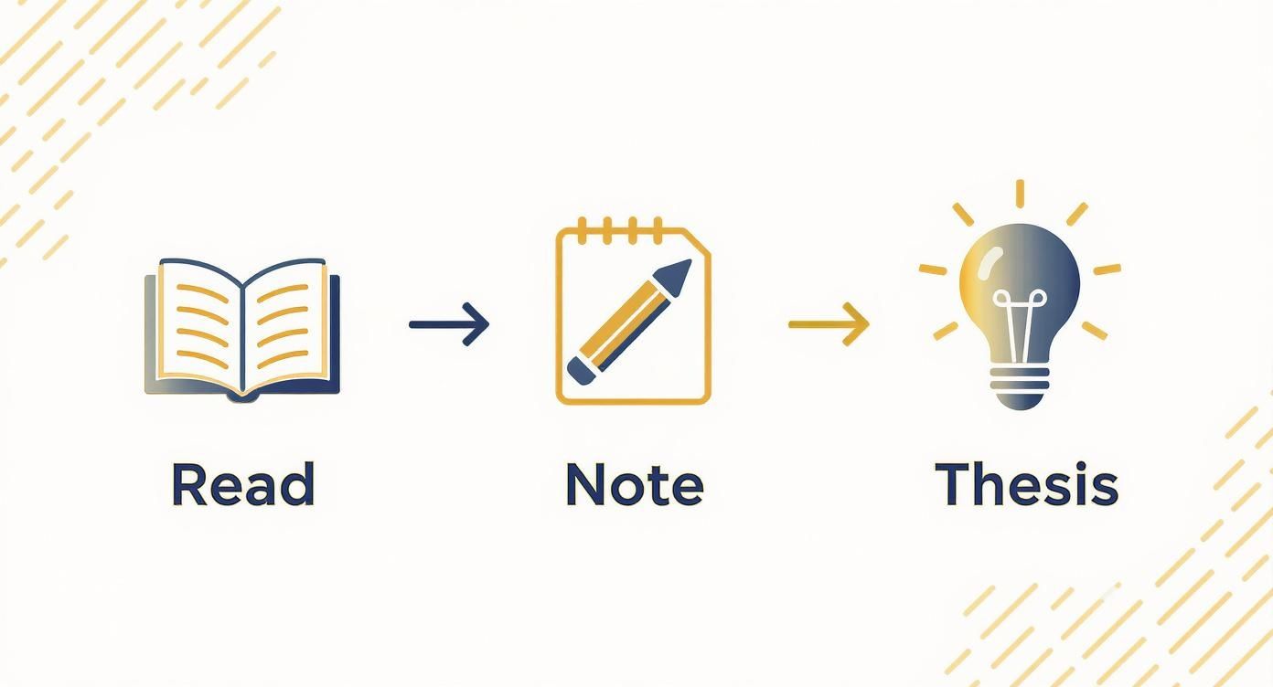A visual diagram showing the process of reading, taking notes, and forming a thesis.