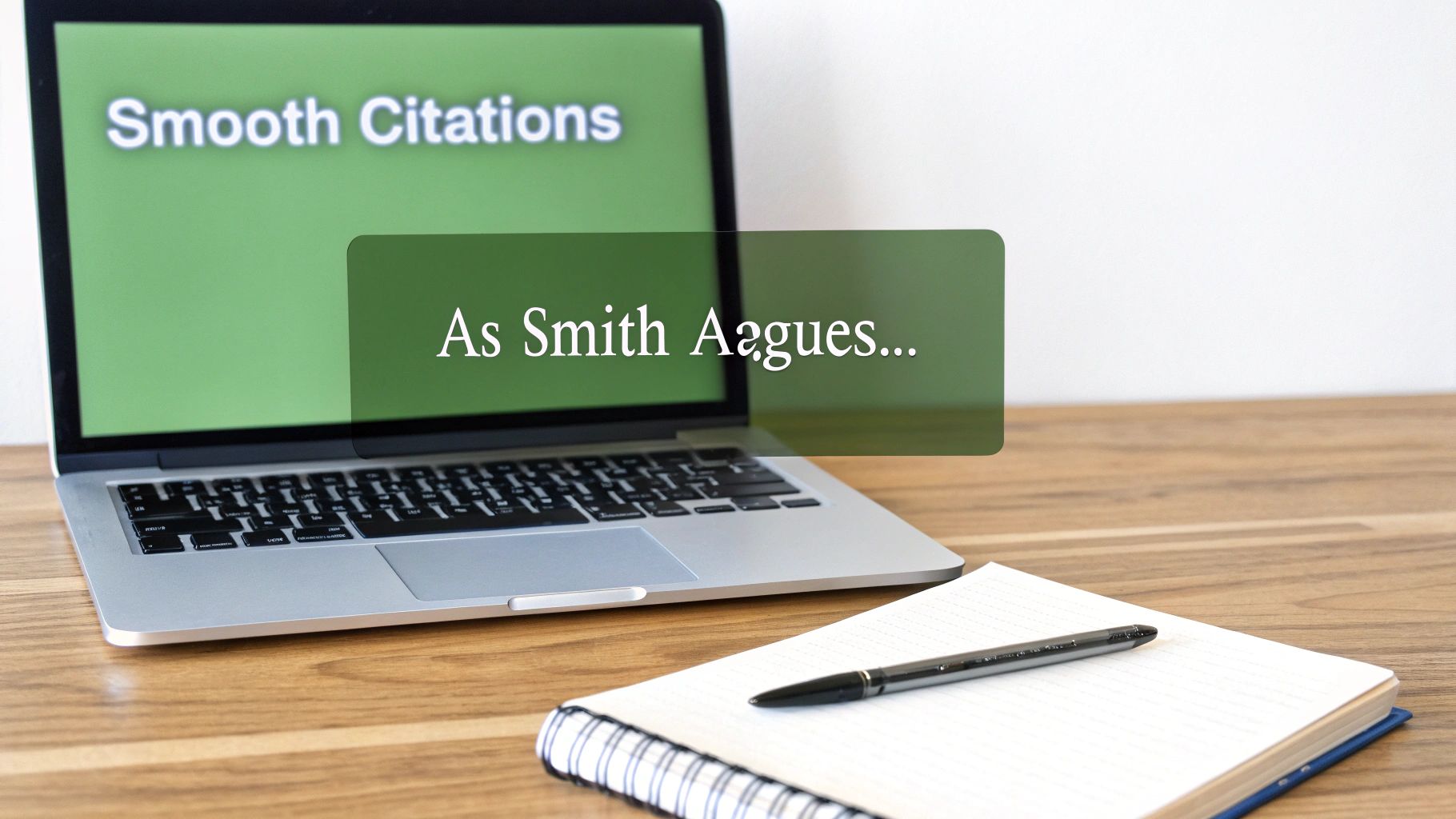 A laptop displaying 'Smooth Citations' and a quote, with a notebook and pen.