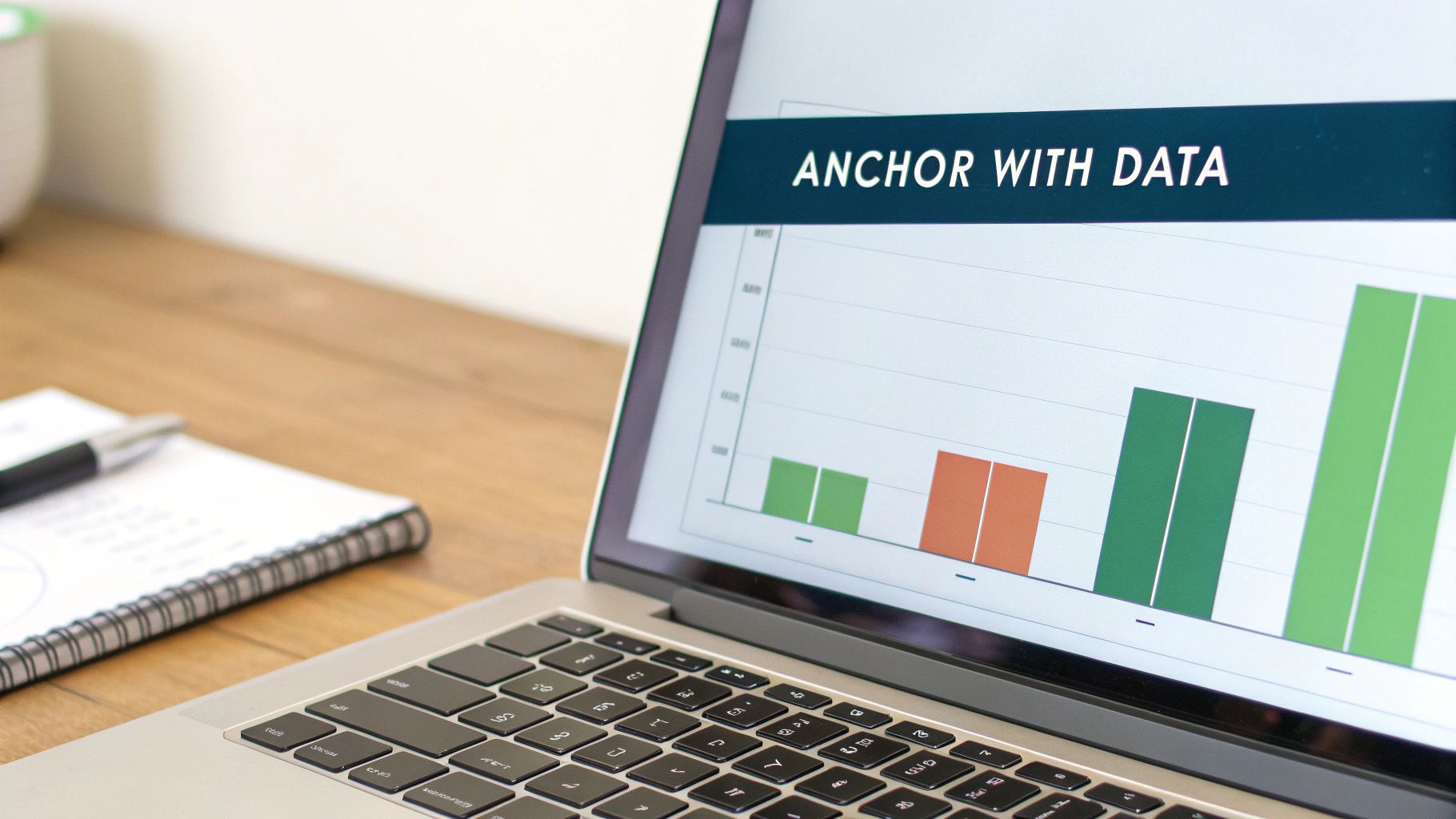 A laptop on a wooden desk displays a bar chart with 'ANCHOR WITH DATA' text, beside a notebook and pen.