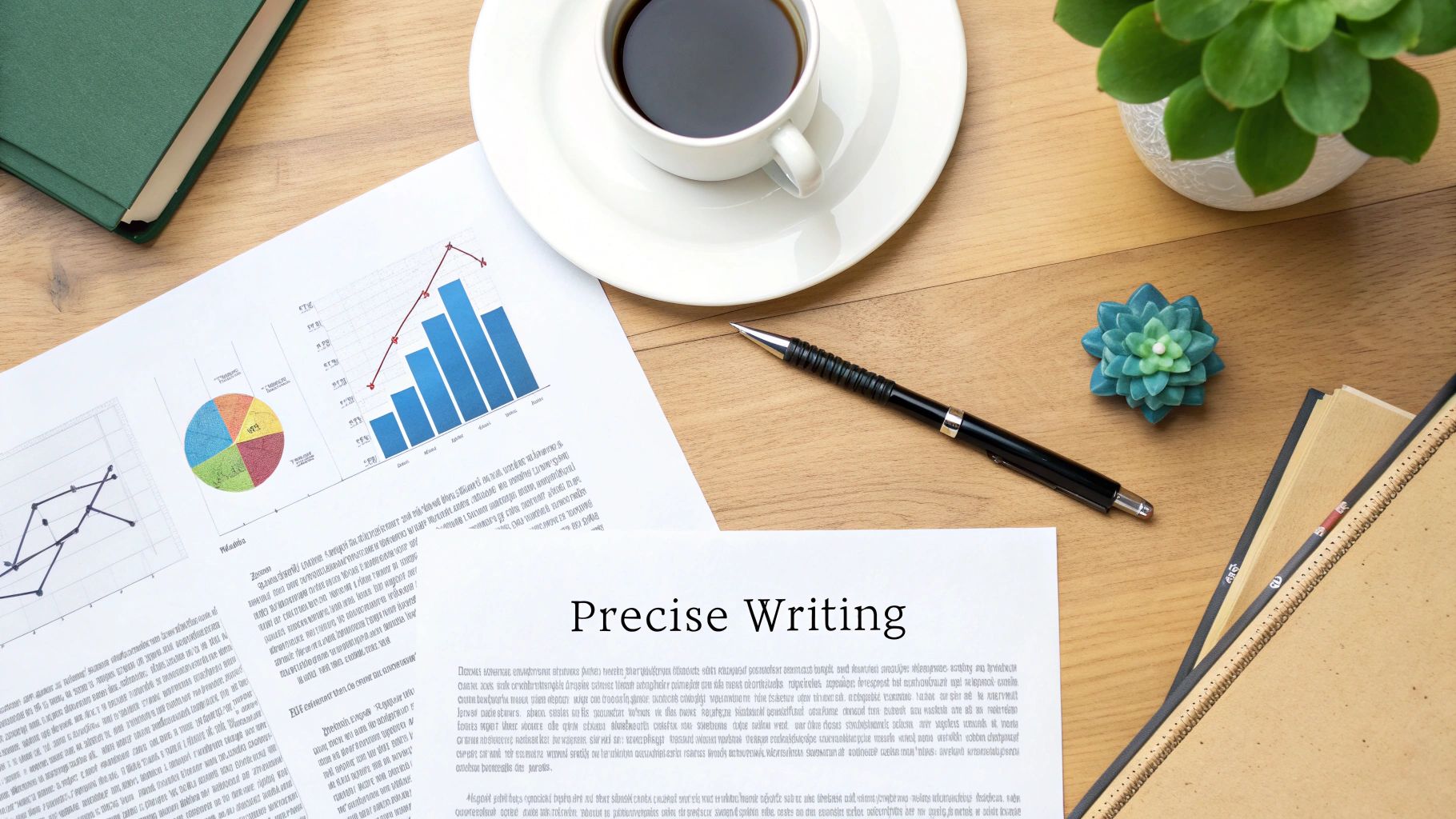 Overhead view of a desk with a coffee cup, documents with charts, a pen, and a succulent.