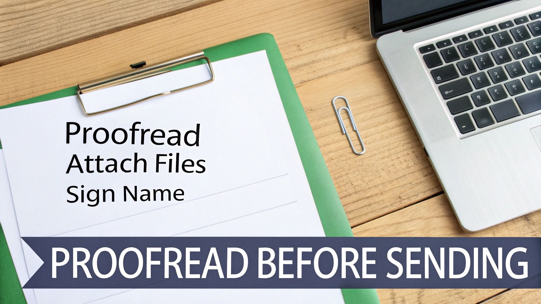 A clipboard on a wooden desk with a checklist: Proofread, Attach Files, Sign Name, and a banner saying 'PROOFREAD BEFORE SENDING'.