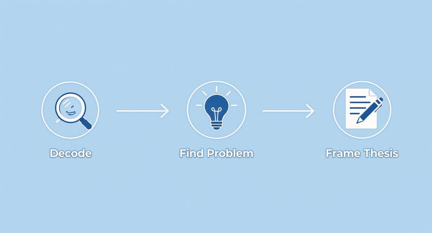A three-step process diagram with icons: Decode, Find Problem, and Frame Thesis.