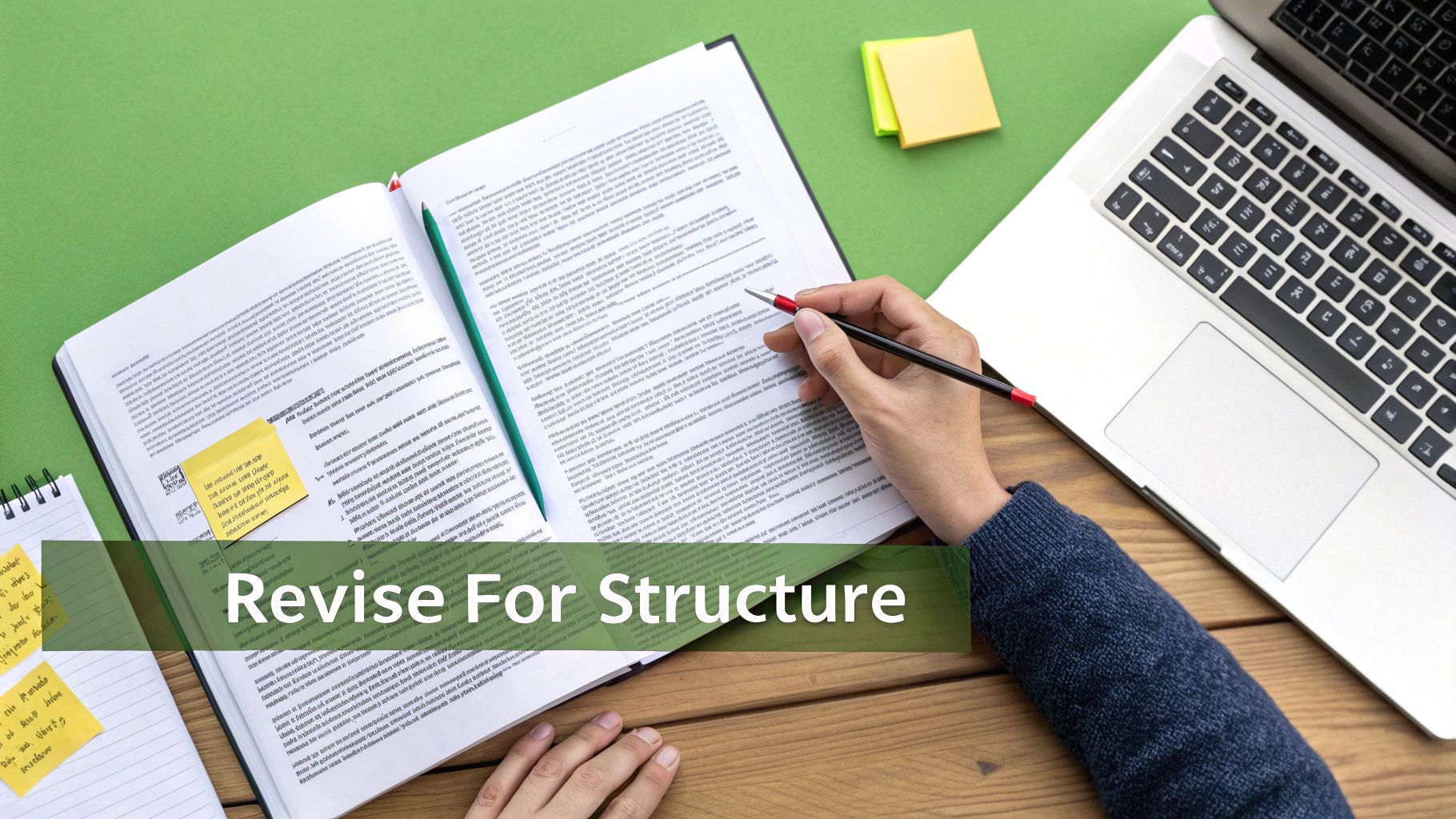 A person's hands holding a pen, revising a document in an open book on a desk with a laptop.