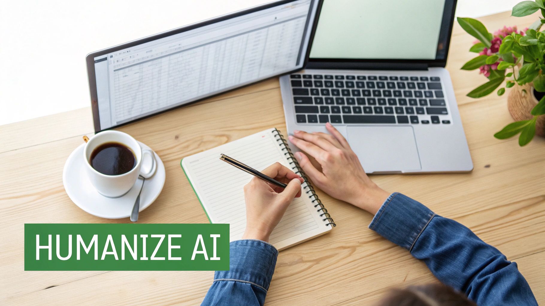 Overhead view of a person writing in a notebook at a desk with two laptops and coffee.