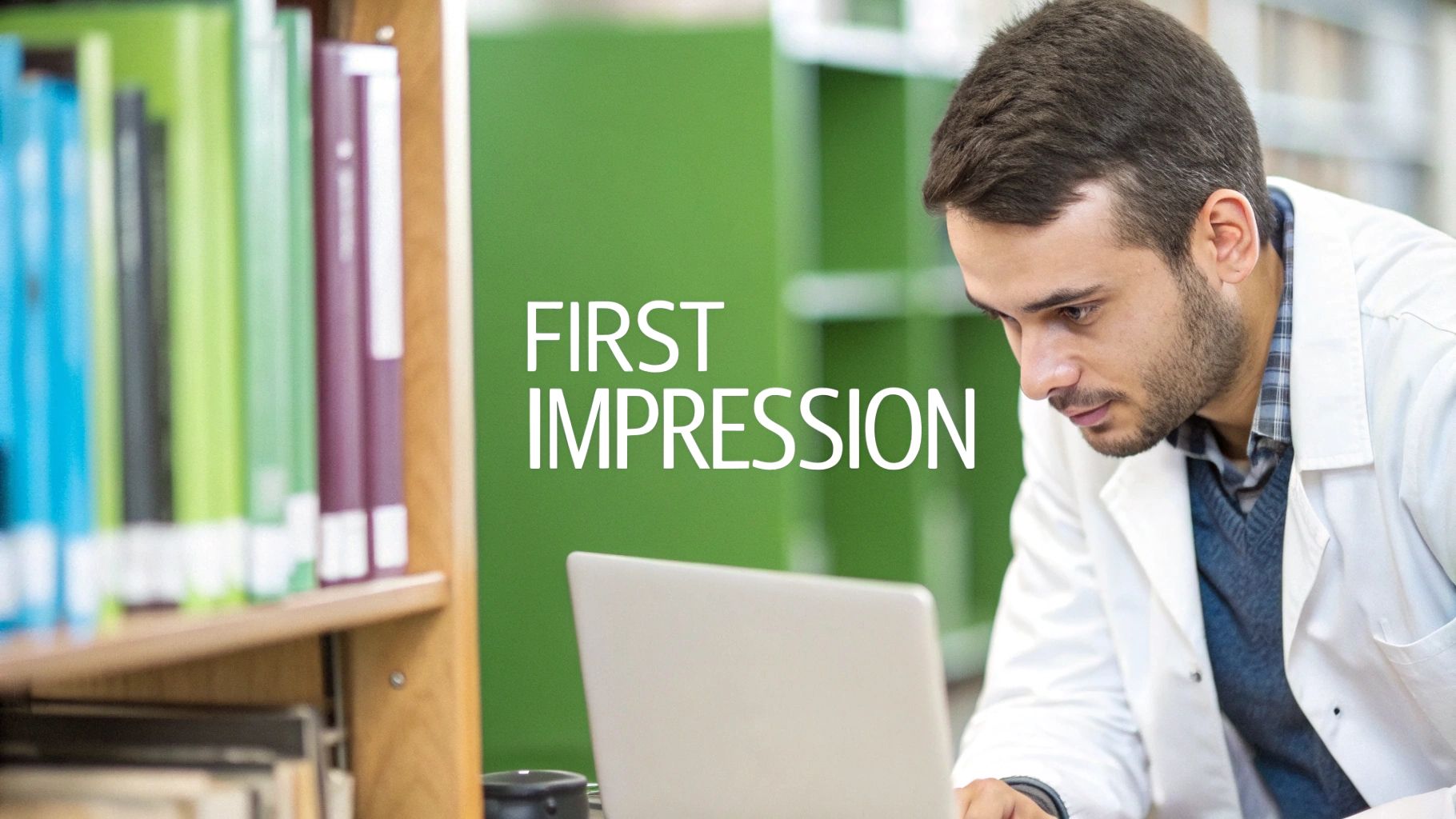 A young man in a lab coat intently uses a laptop in a library setting, with 'FIRST IMPRESSION' text.