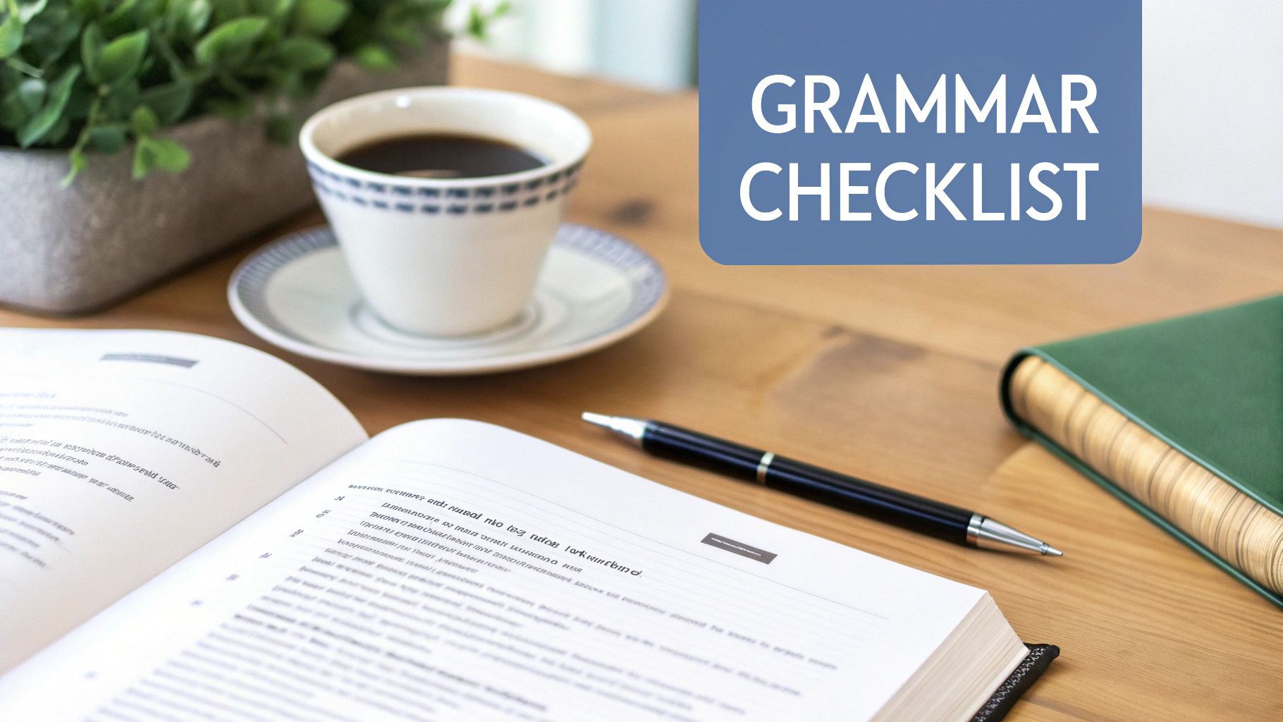 Overhead view of a wooden desk with an open book, coffee, pen, and a grammar checklist banner.