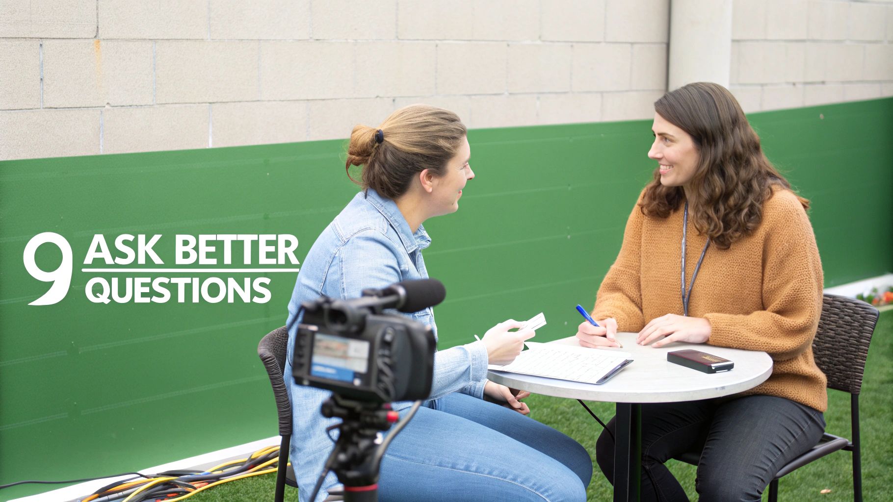 A person conducting a friendly interview with another person in a casual office setting, representing a case study interview.